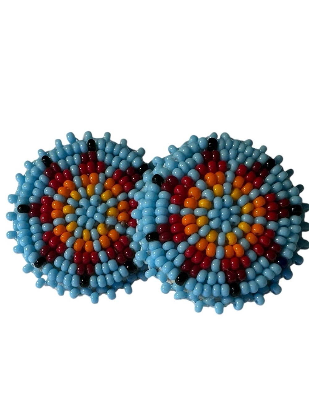 Handmade Beaded Round Earrings in Sky Blue, Red & Orange